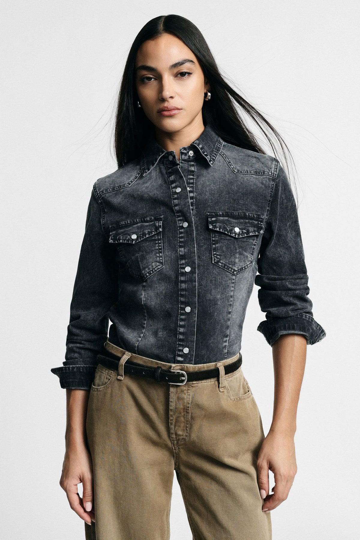 Camicia regular-fit con tasche frontali e bottoni Please - Nero Denim