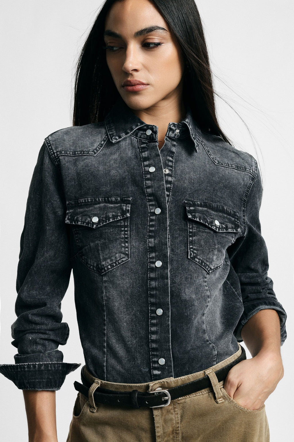 Camicia regular-fit con tasche frontali e bottoni Please - Nero Denim