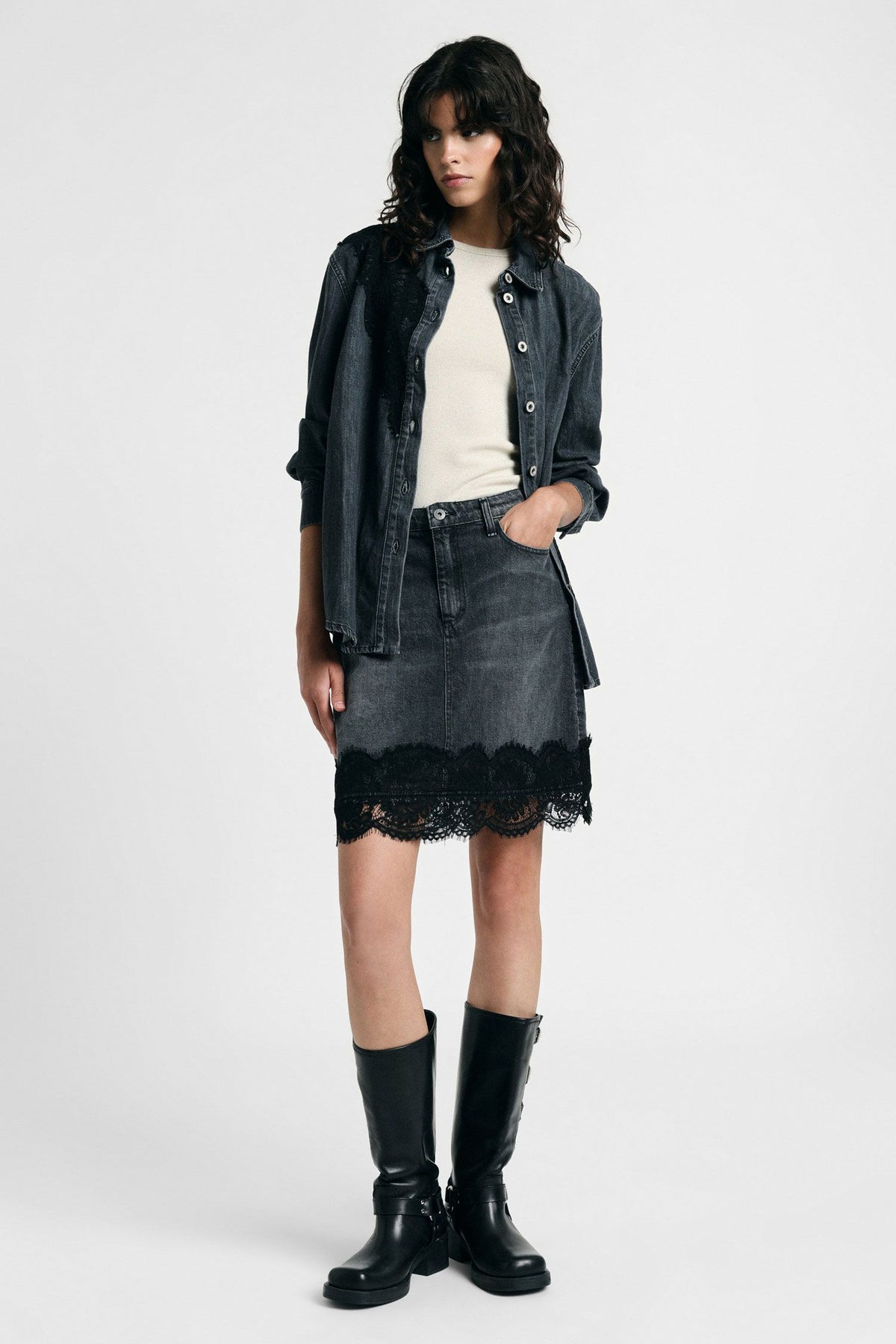 Gonna corta con bordo in pizzo e vita alta Please - Nero Denim