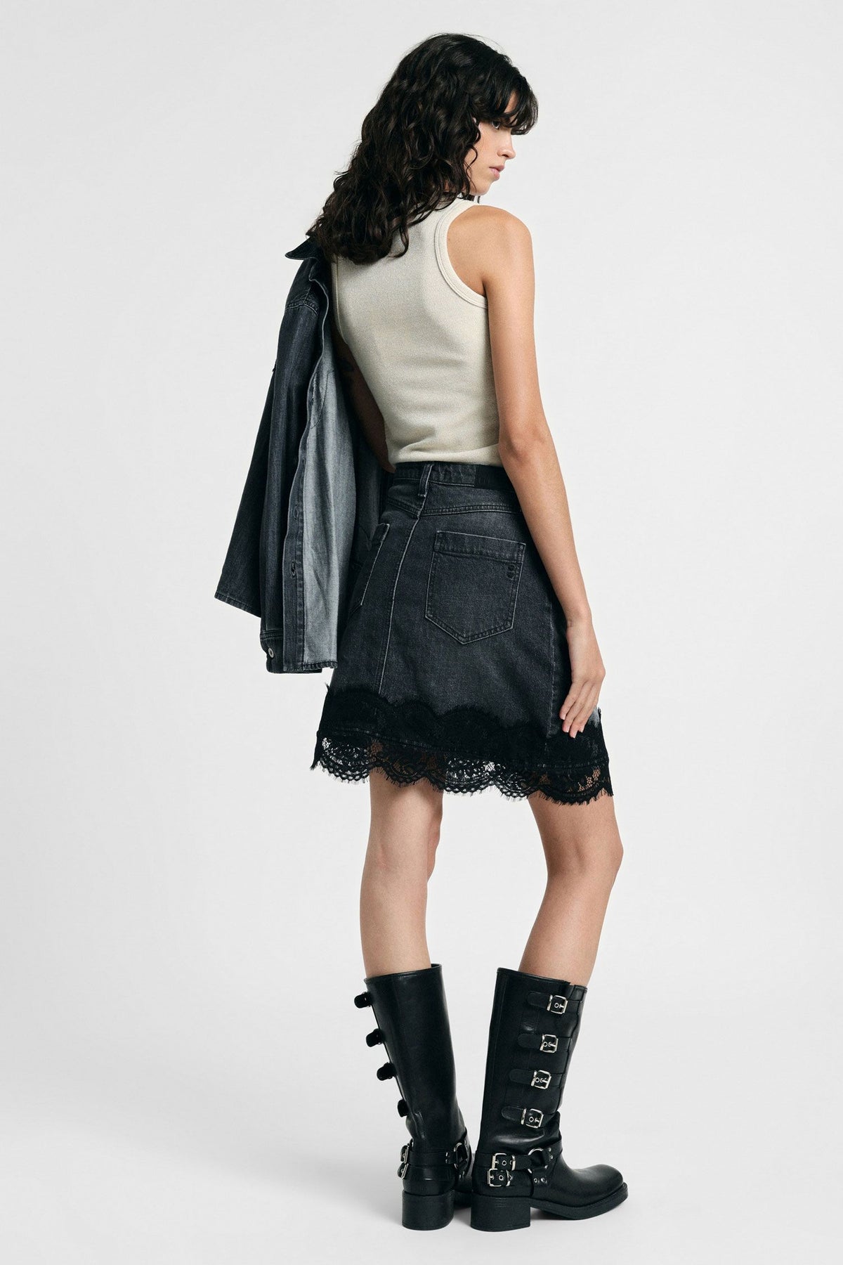 Gonna corta con bordo in pizzo e vita alta Please - Nero Denim