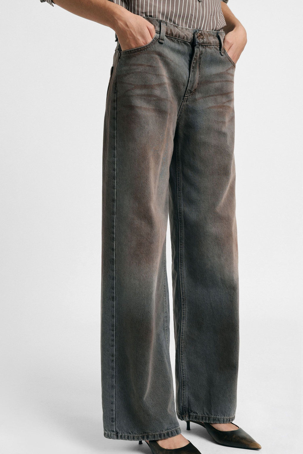 Jeans palazzo gamba dritta effetto slavato Please - Nero Denim