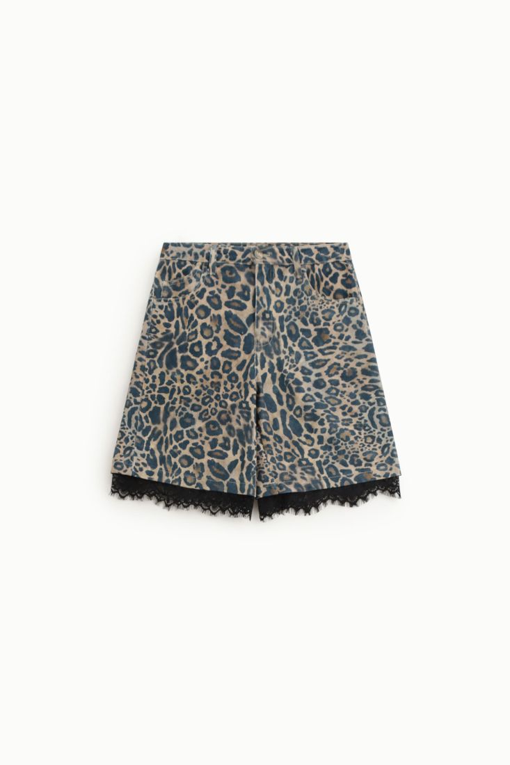 Bermuda Please Leopardati in Denim con Bordo in Pizzo Nero