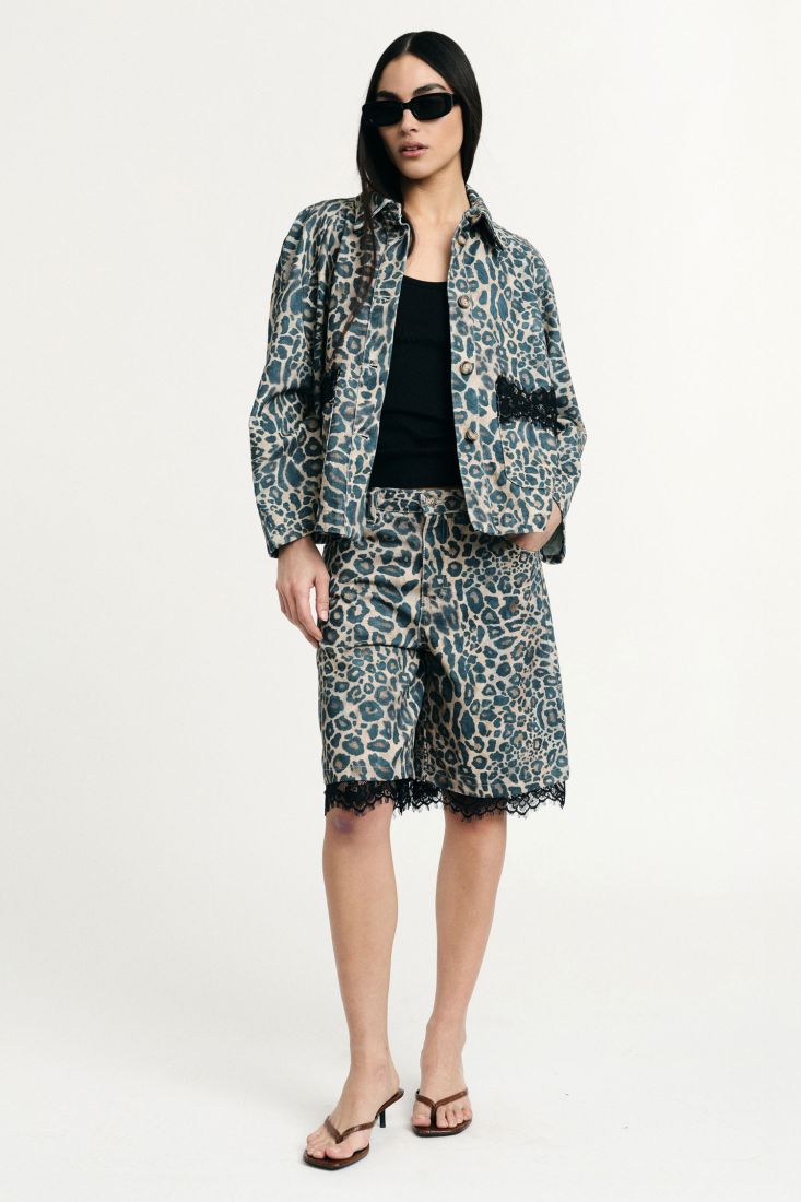 Bermuda Please Leopardati in Denim con Bordo in Pizzo Nero