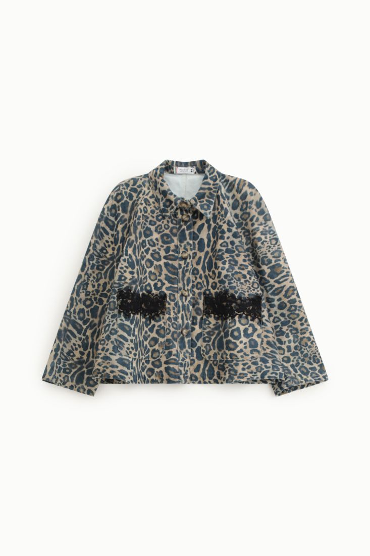 Giacca in Denim Please Leopardata e dattagli in pizzo