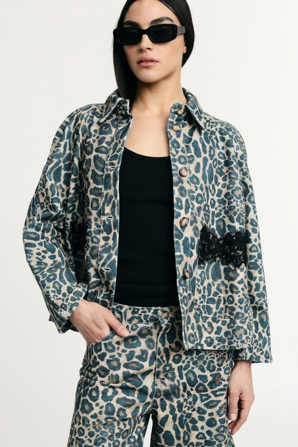 Giacca in Denim Please Leopardata e dattagli in pizzo