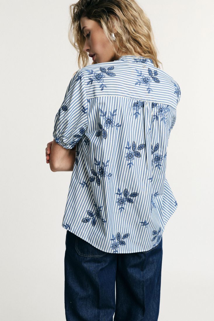 Camicia Please a righe con maniche corte arricciate