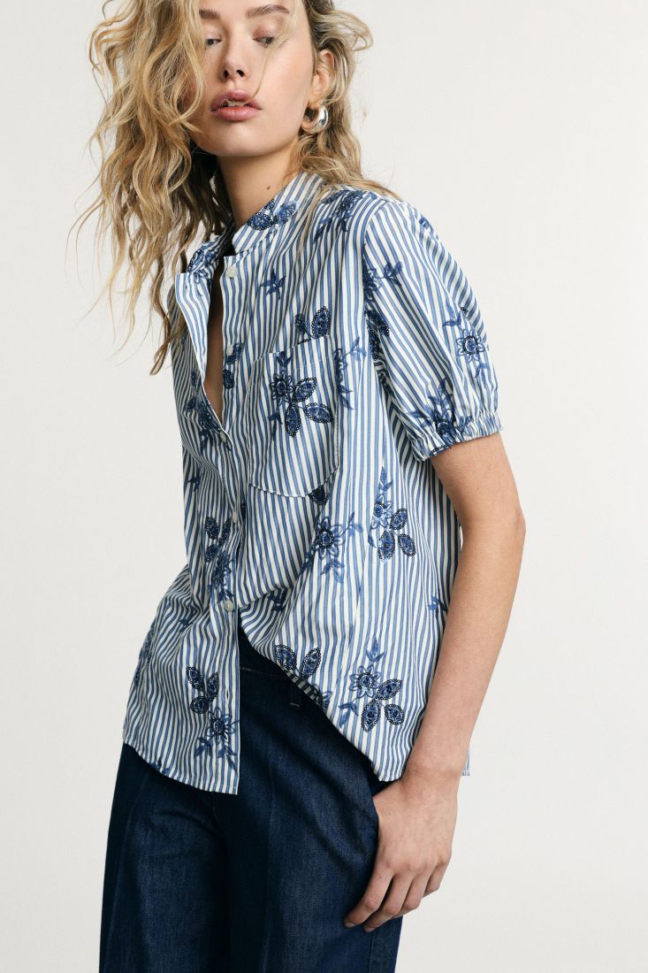 Camicia Please a righe con maniche corte arricciate