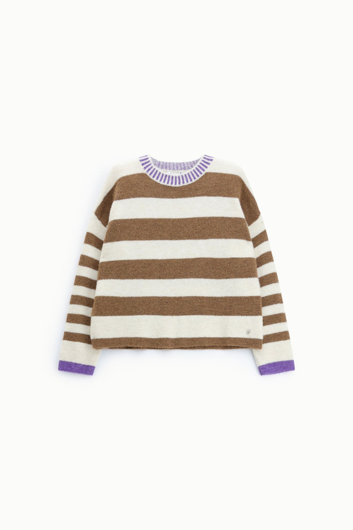 Maglione girocollo a righe con polsini a contrasto Please - Nocciola/Panna