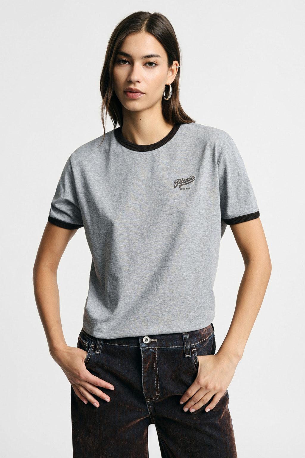 T-shirt girocollo con profili a contrasto Please - Grigio/Moro