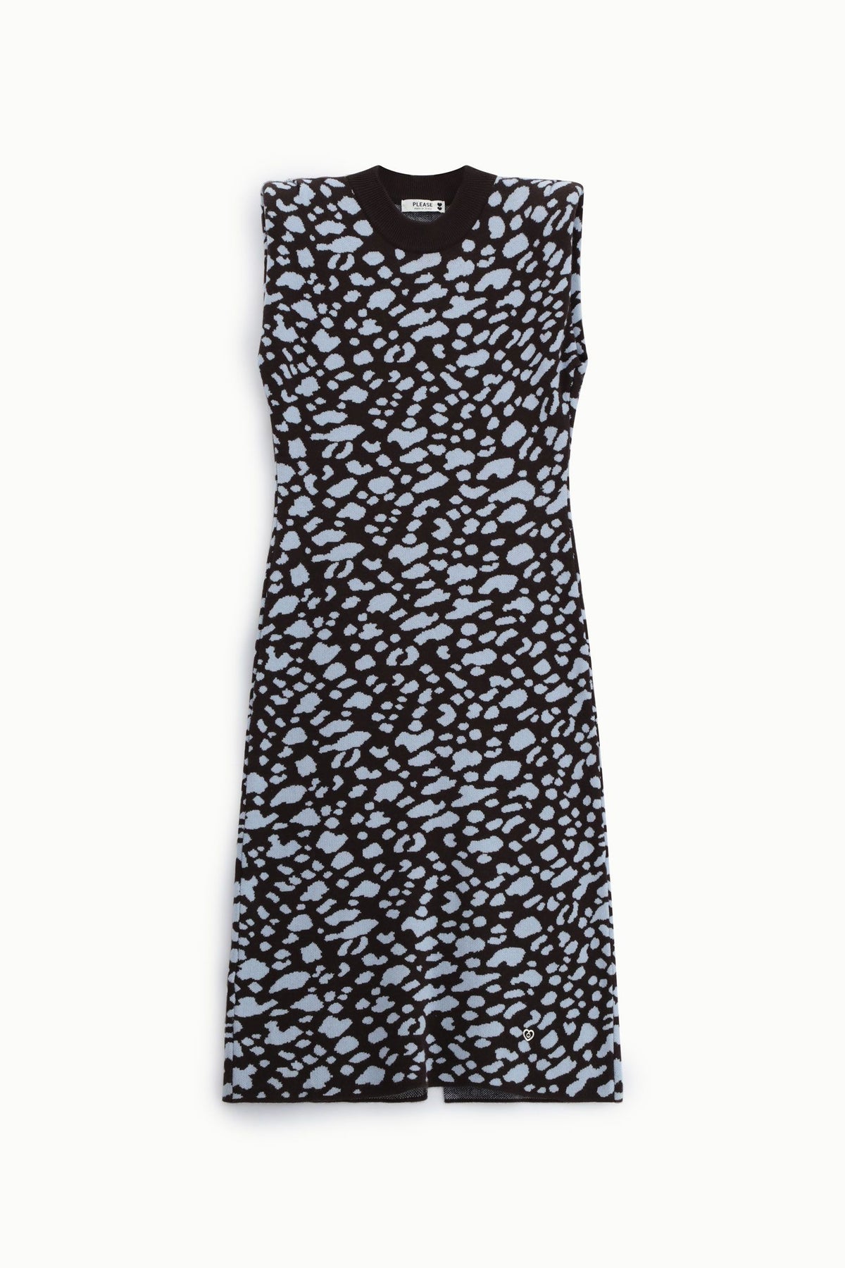 Abito Midi in Maglia Senza Maniche con Spalle Strutturate e Stampa Astratta