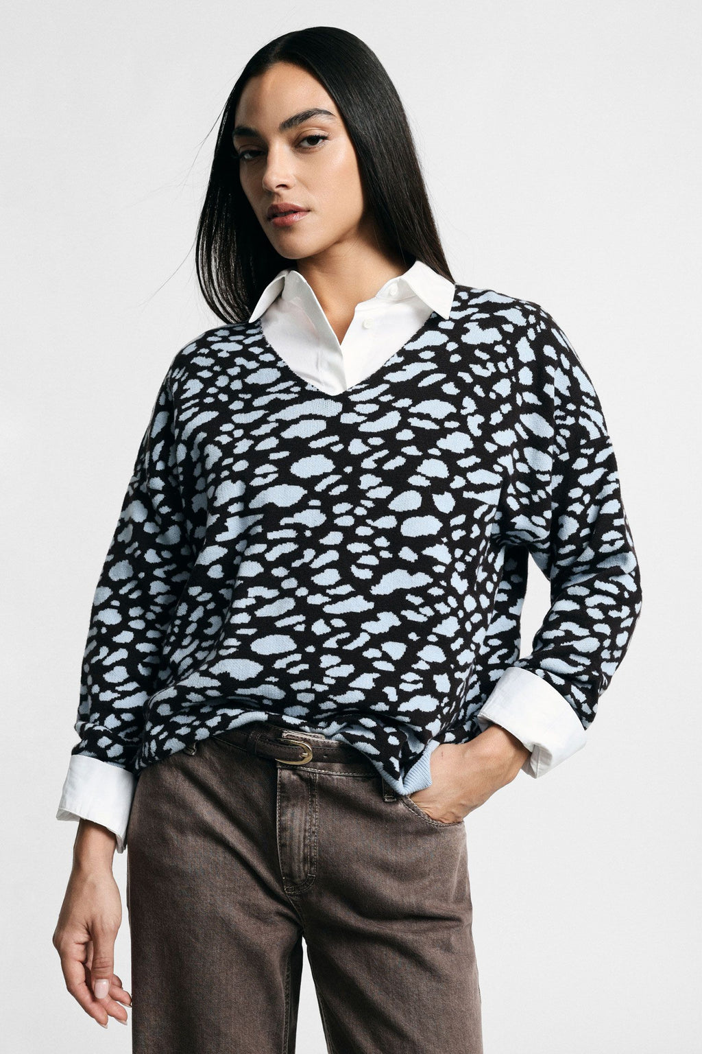Maglione stampa animalier  scollo a v  Please - Moro\Azzurro