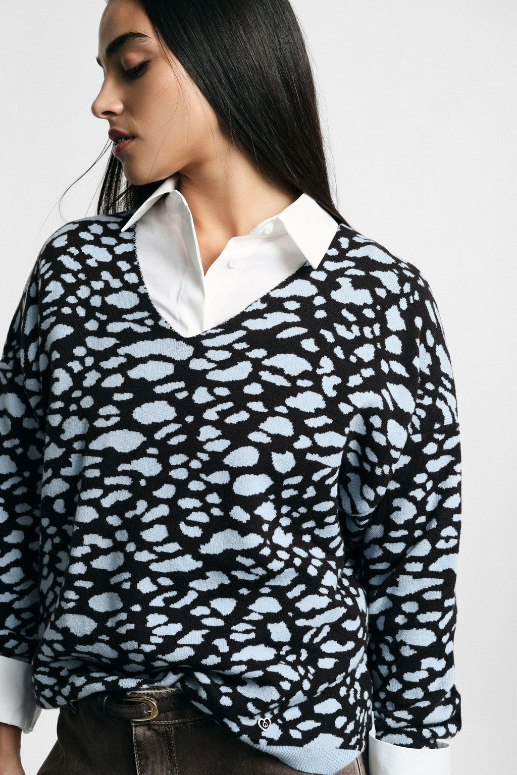 Maglione stampa animalier  scollo a v  Please - Moro\Azzurro