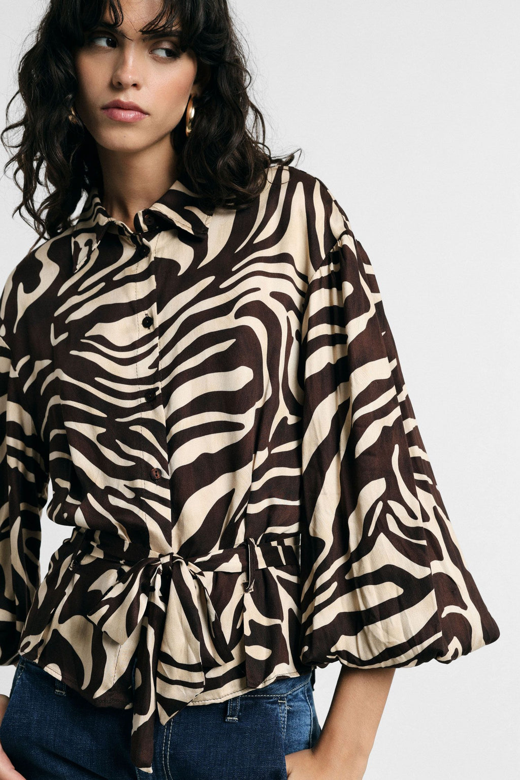 Camicia stampa animalier con cintura in vita Please - Moro/Panna