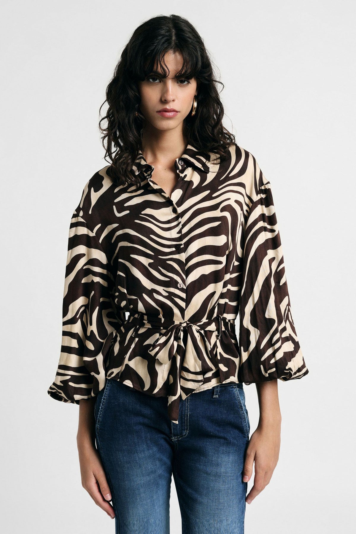 Camicia stampa animalier con cintura in vita Please - Moro/Panna