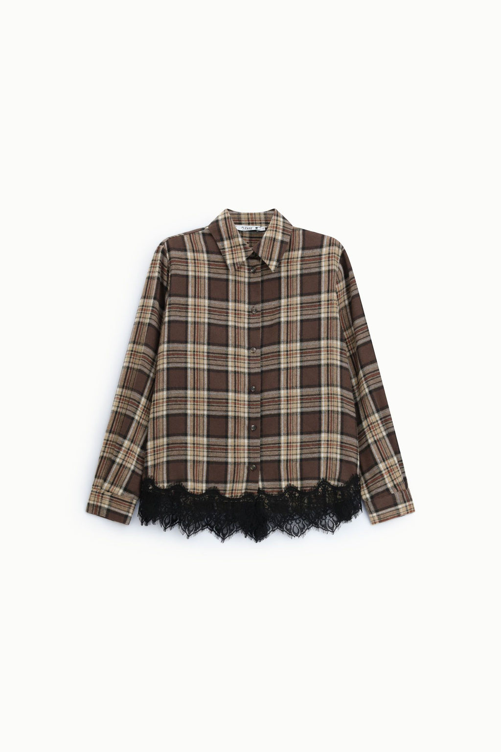 Camicia stampa check con bordo in pizzo Please - Beige/Moro