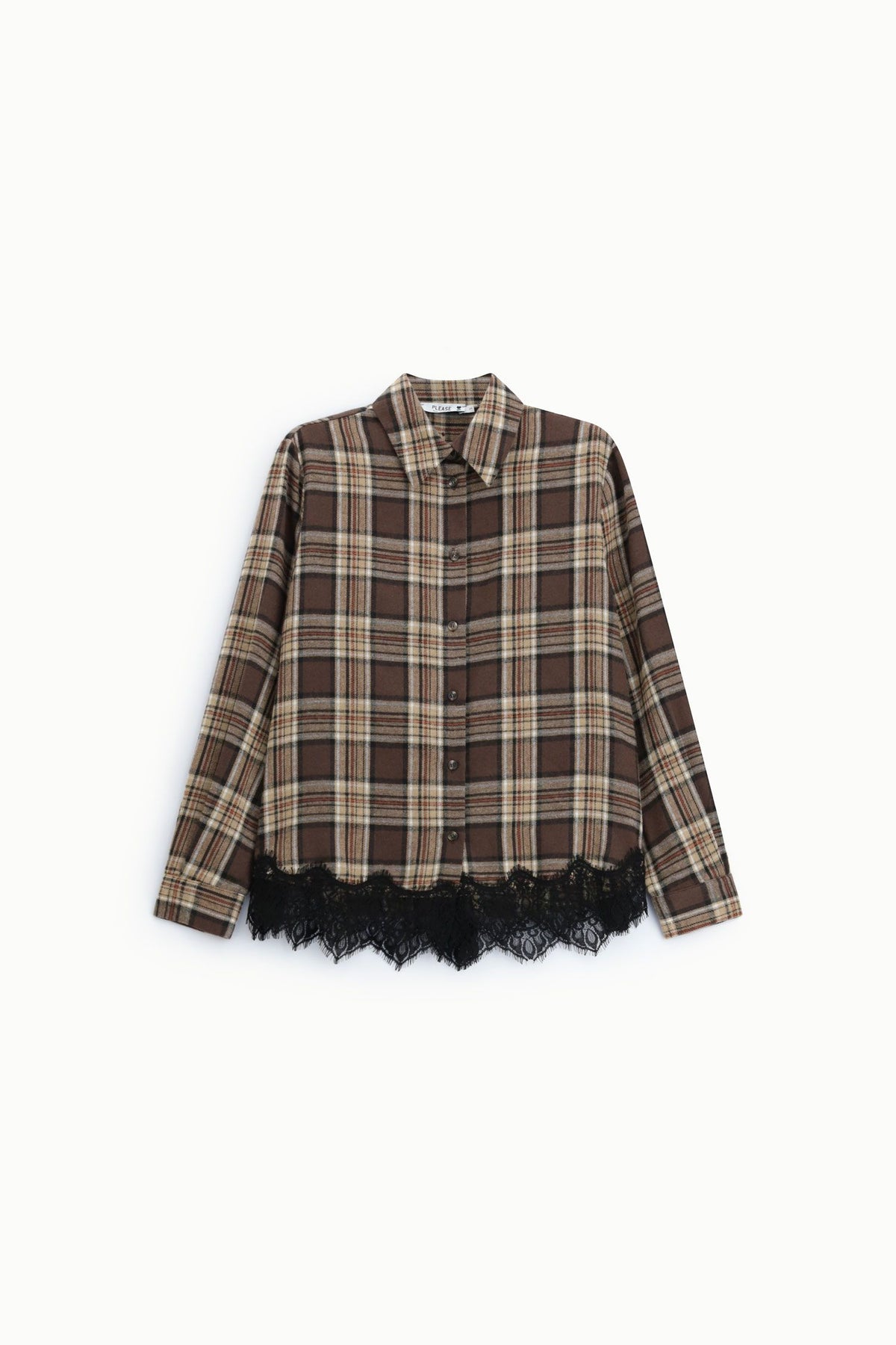 Camicia stampa check con bordo in pizzo Please - Beige/Moro