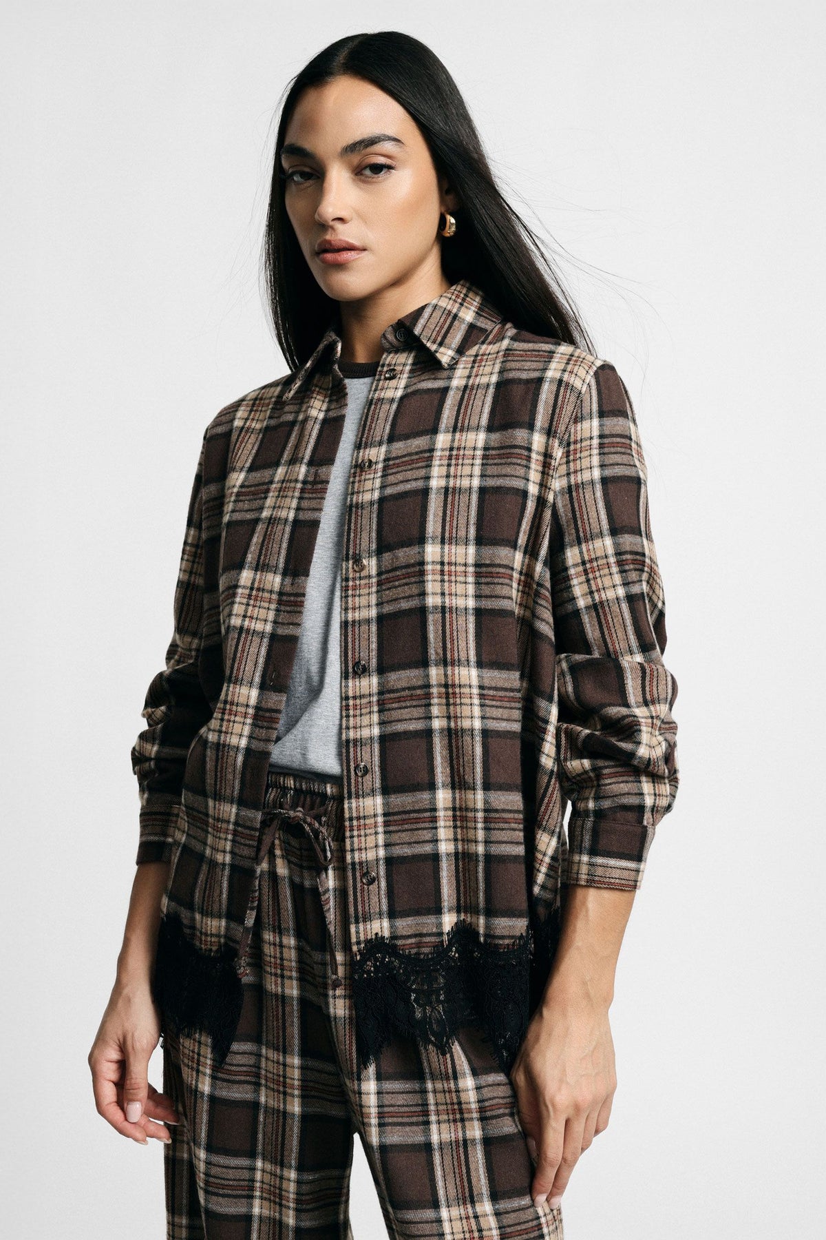 Camicia stampa check con bordo in pizzo Please - Beige/Moro