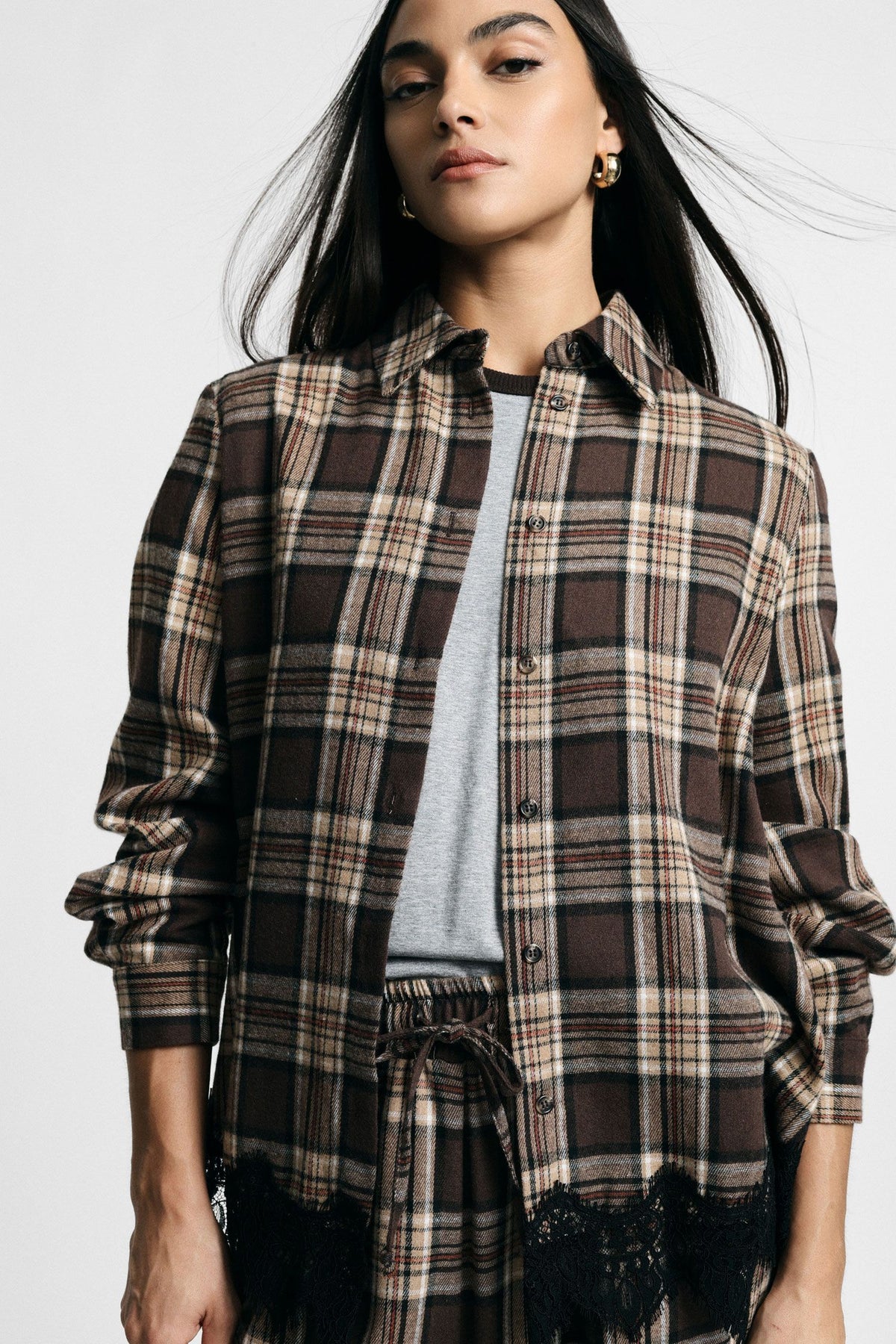 Camicia stampa check con bordo in pizzo Please - Beige/Moro