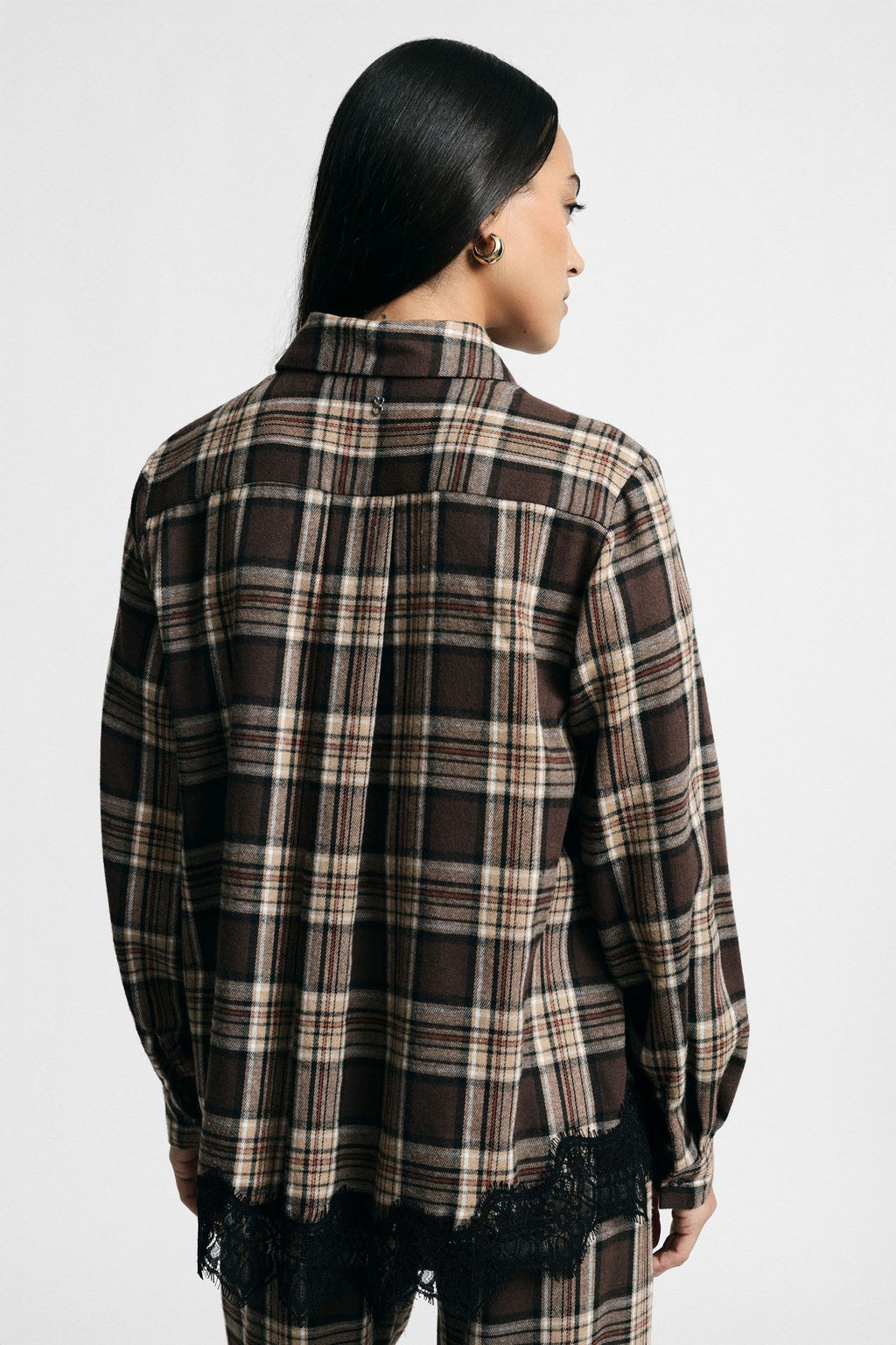 Camicia stampa check con bordo in pizzo Please - Beige/Moro