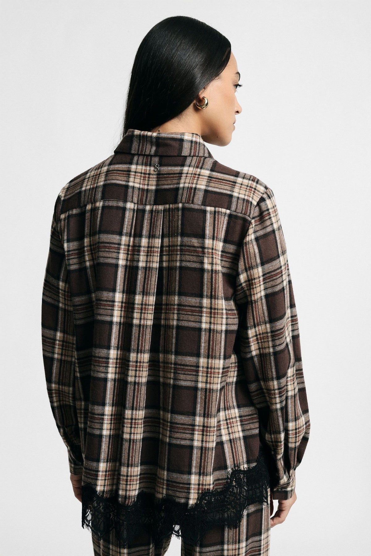 Camicia stampa check con bordo in pizzo Please - Beige/Moro