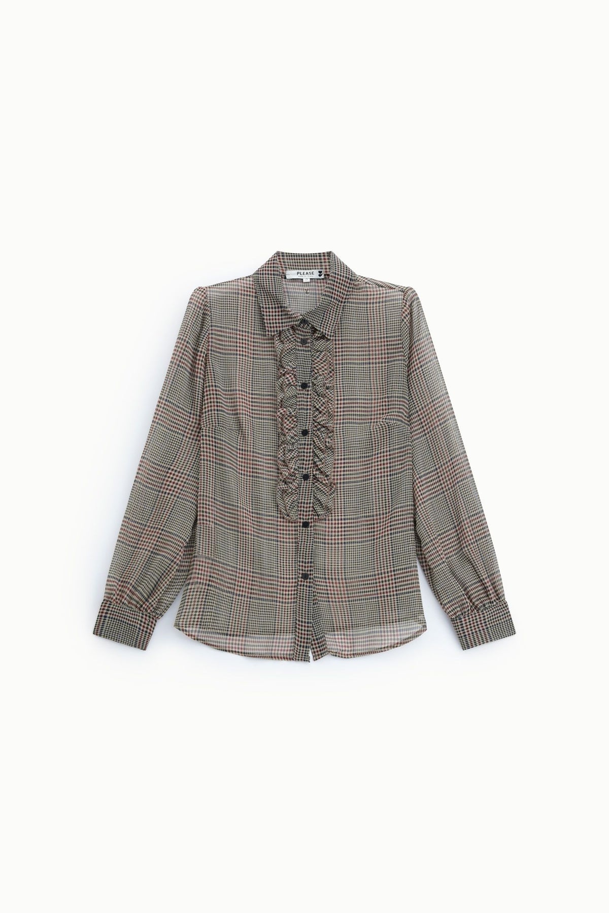 Camicia stampa check con rouches e maniche lunghe Please -  Nero/Burro