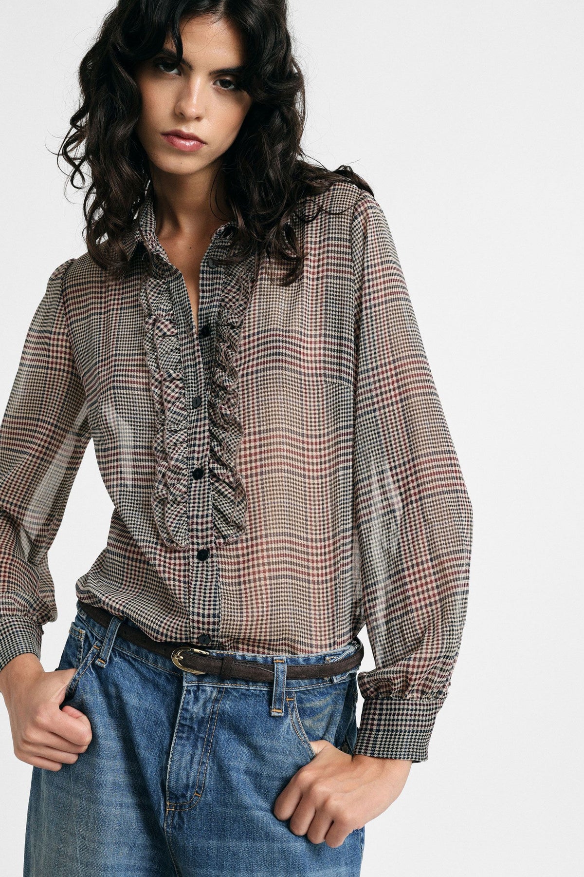 Camicia stampa check con rouches e maniche lunghe Please -  Nero/Burro