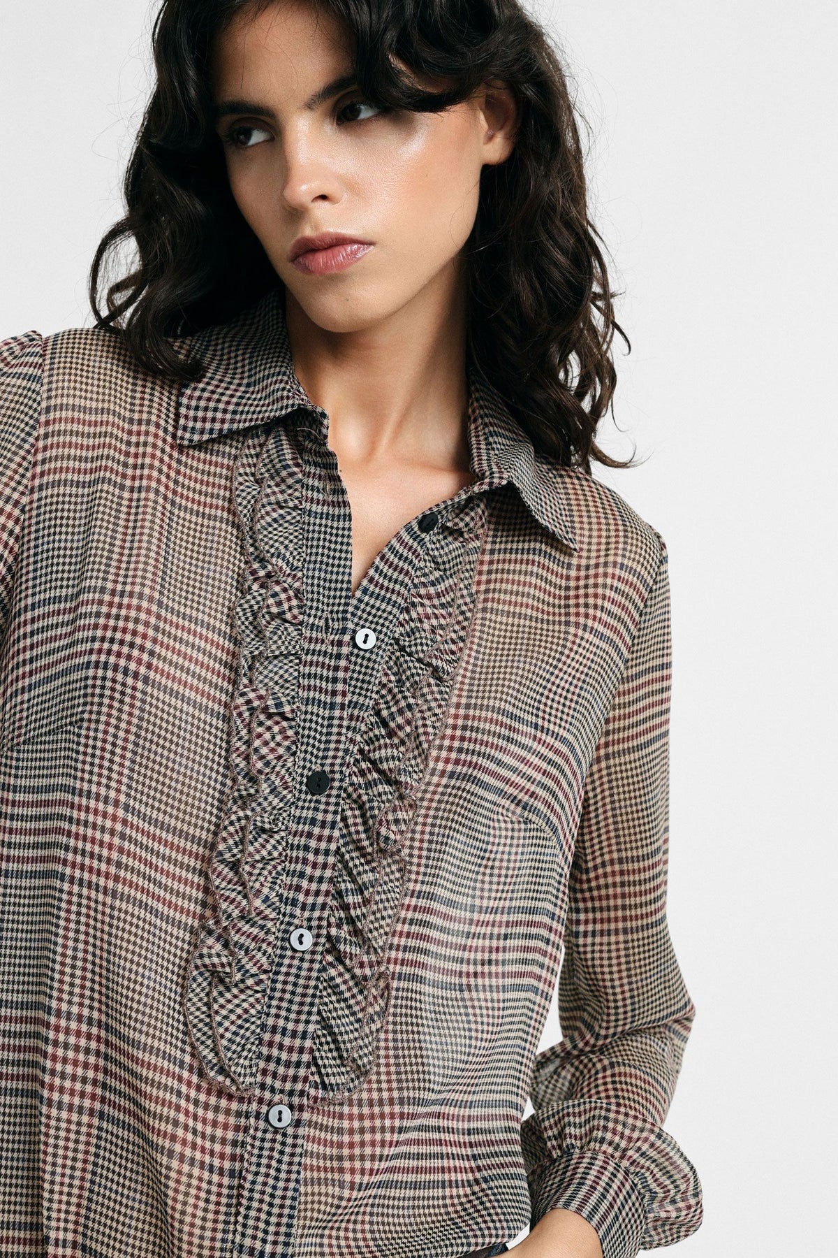 Camicia stampa check con rouches e maniche lunghe Please -  Nero/Burro