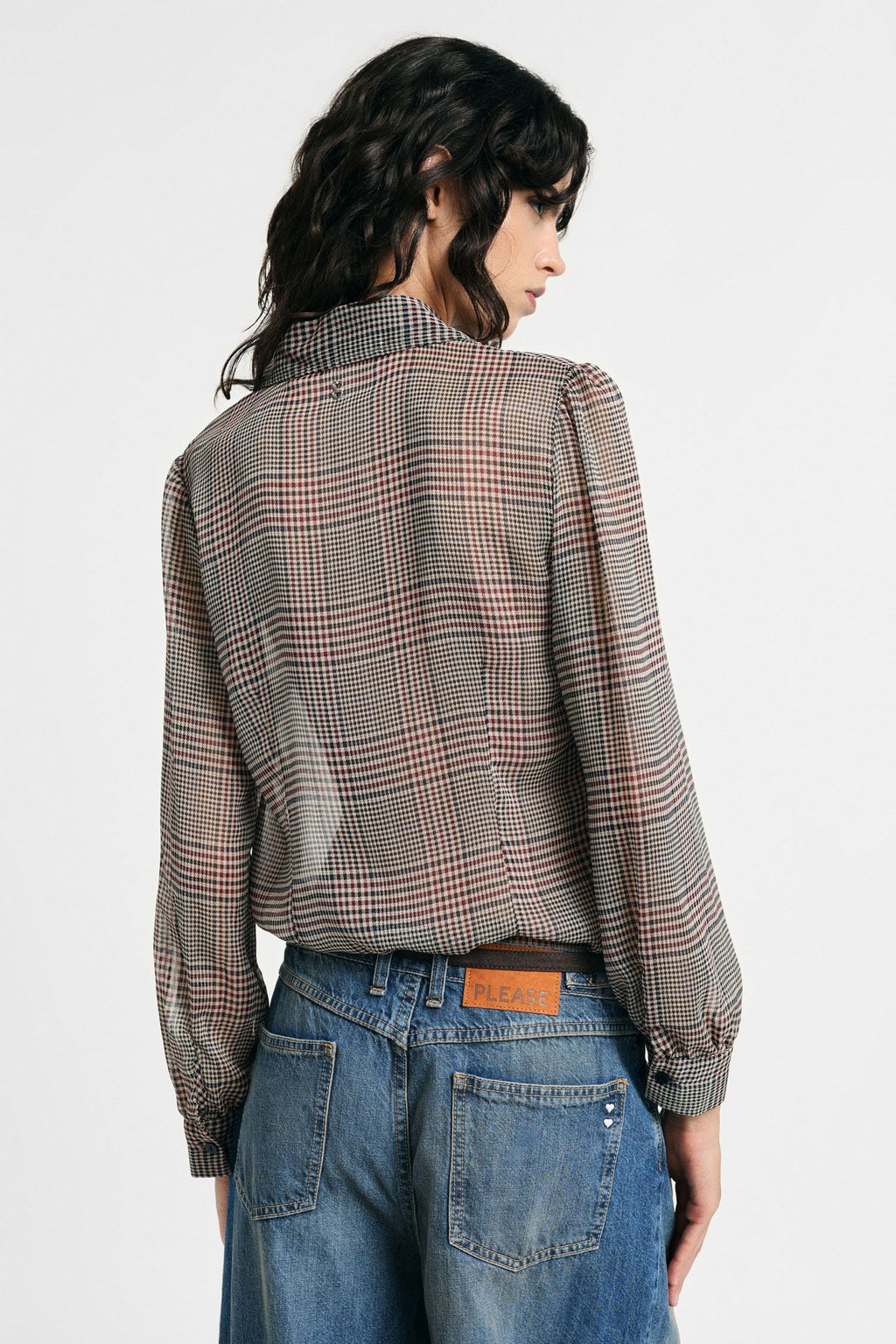 Camicia stampa check con rouches e maniche lunghe Please -  Nero/Burro