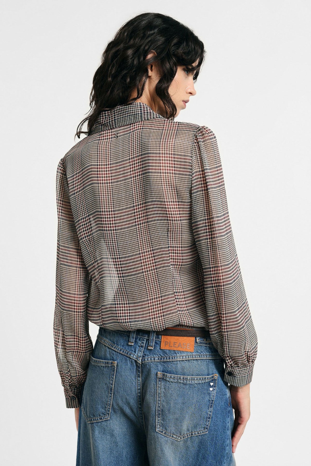 Camicia stampa check con rouches e maniche lunghe Please -  Nero/Burro