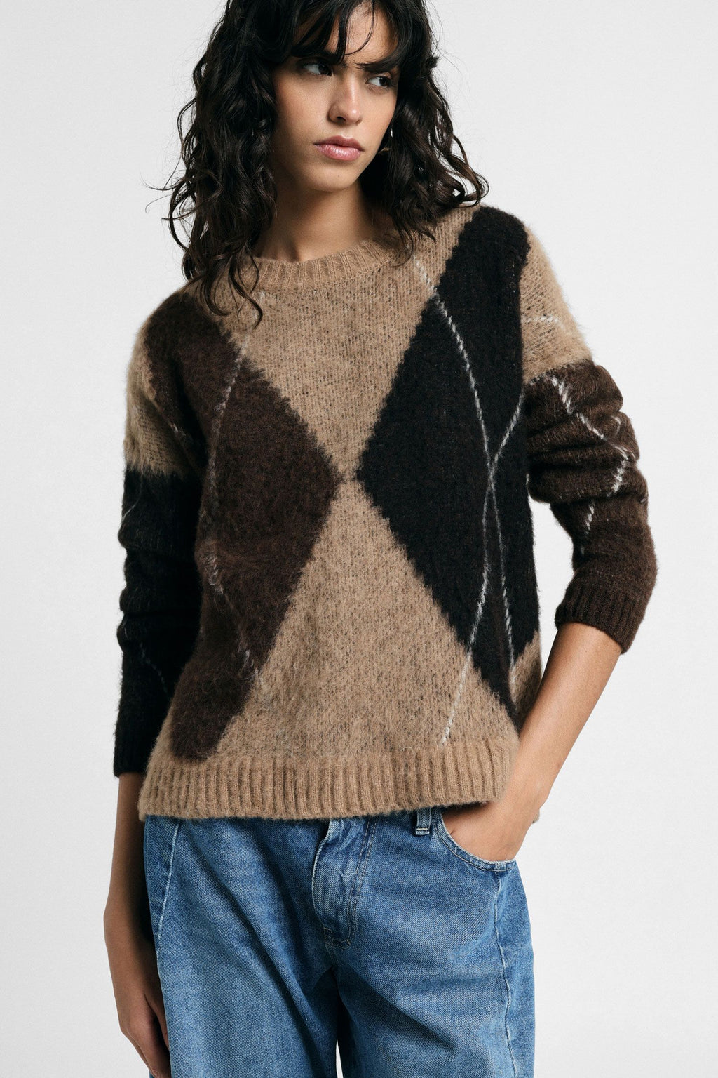 Maglione girocollo fantasia rombi Please - Tortora/Moro
