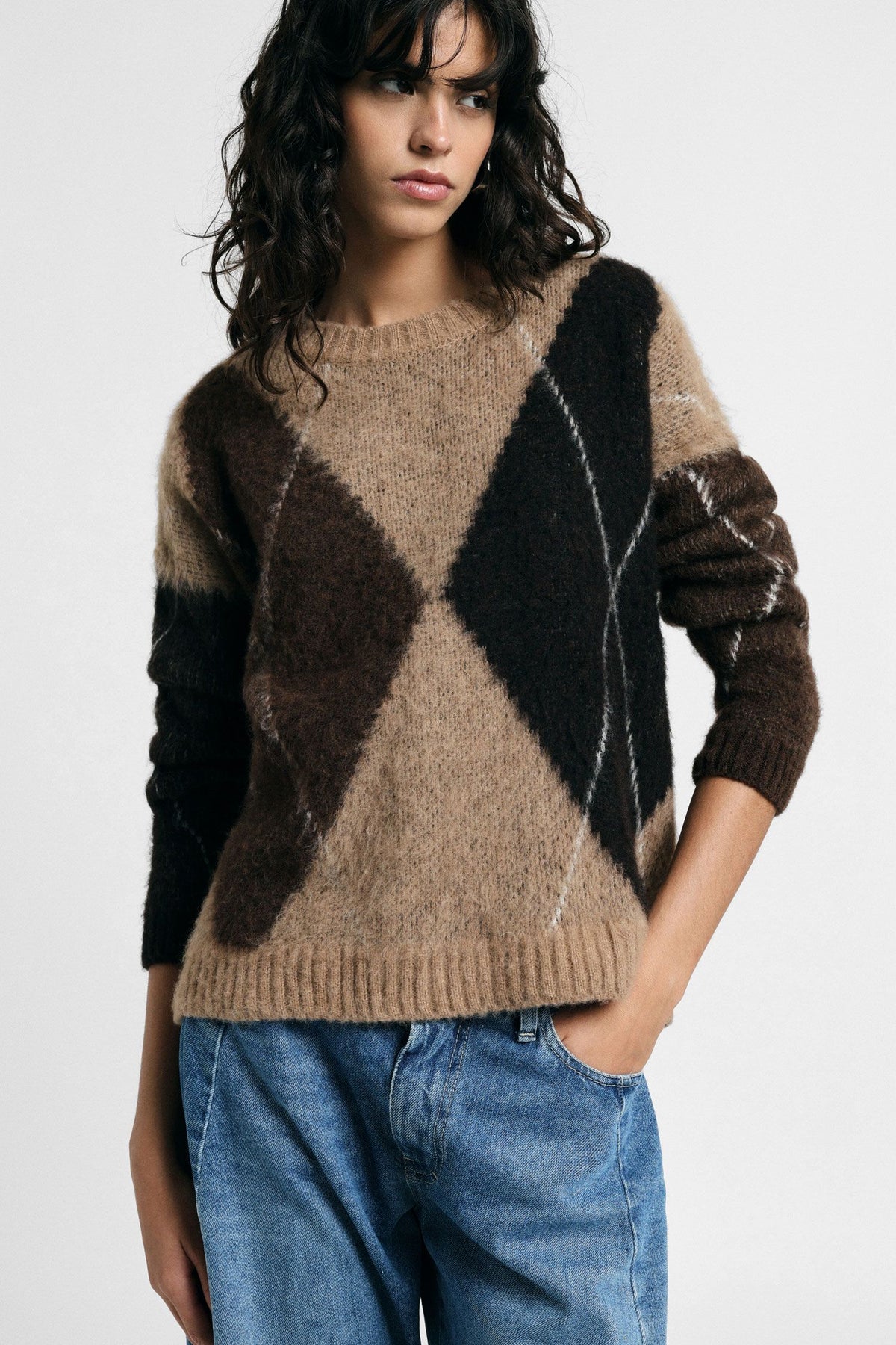 Maglione girocollo fantasia rombi Please - Tortora/Moro