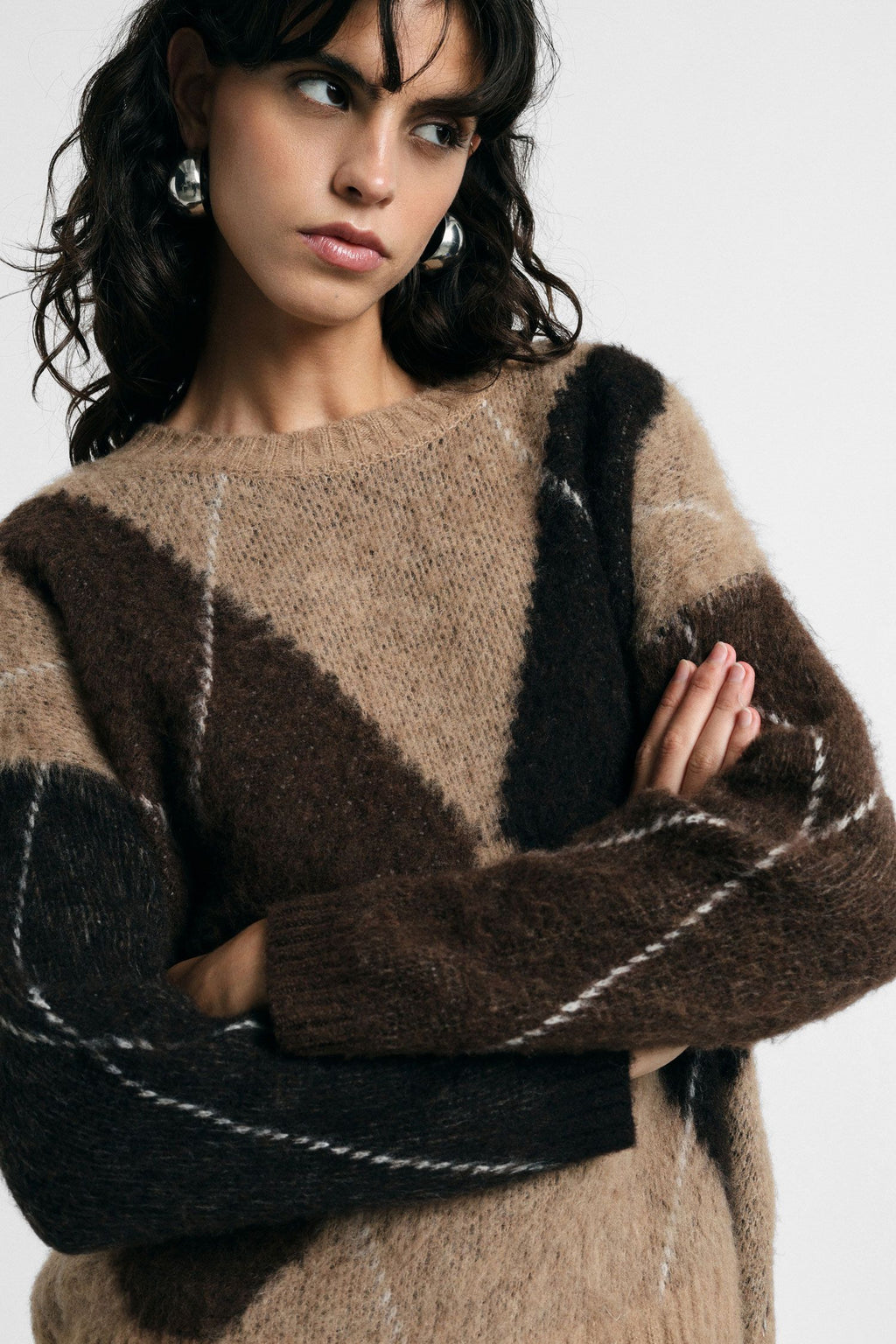 Maglione girocollo fantasia rombi Please - Tortora/Moro