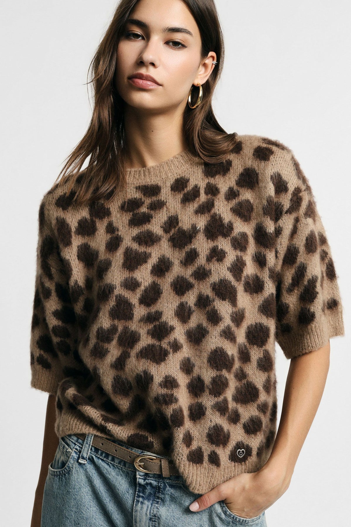 Maglione stampa animalier con maniche al gomito Please - Tortora/Moro