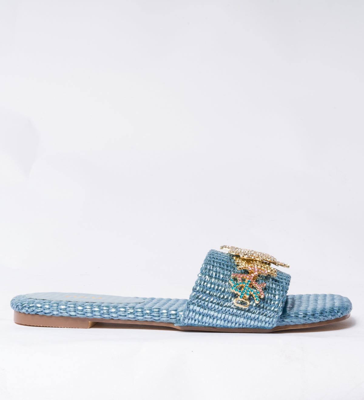 Ciabatta a fascia con decoro gioiello -  Azzurra