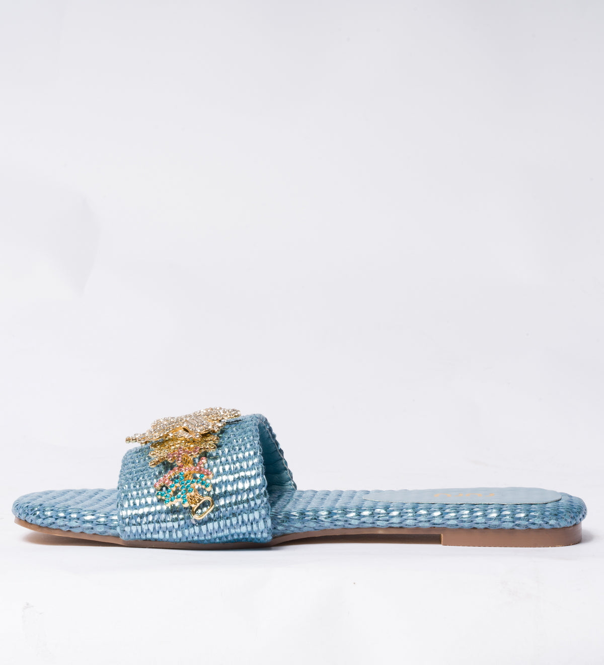 Ciabatta a fascia con decoro gioiello -  Azzurra