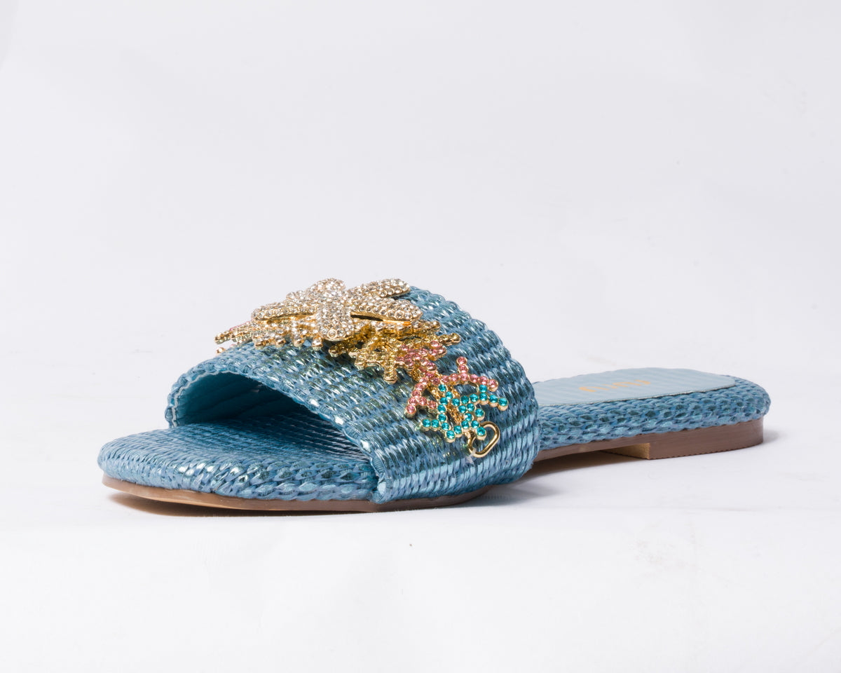 Ciabatta a fascia con decoro gioiello -  Azzurra