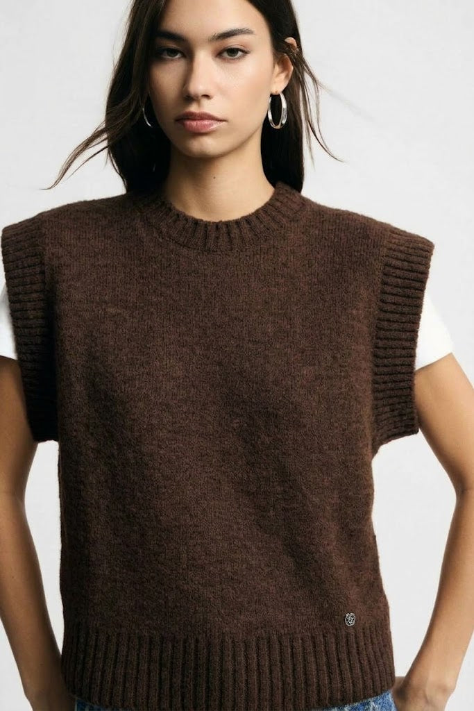 Maglione senza maniche con profili a costine Please - Cioccolato