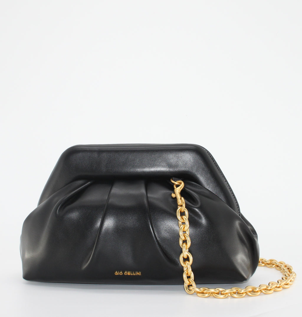 Borsa Clutch Giò Cellini Drappeggiata con Chiusura Clic-Clac e Catena Dorata - Nero