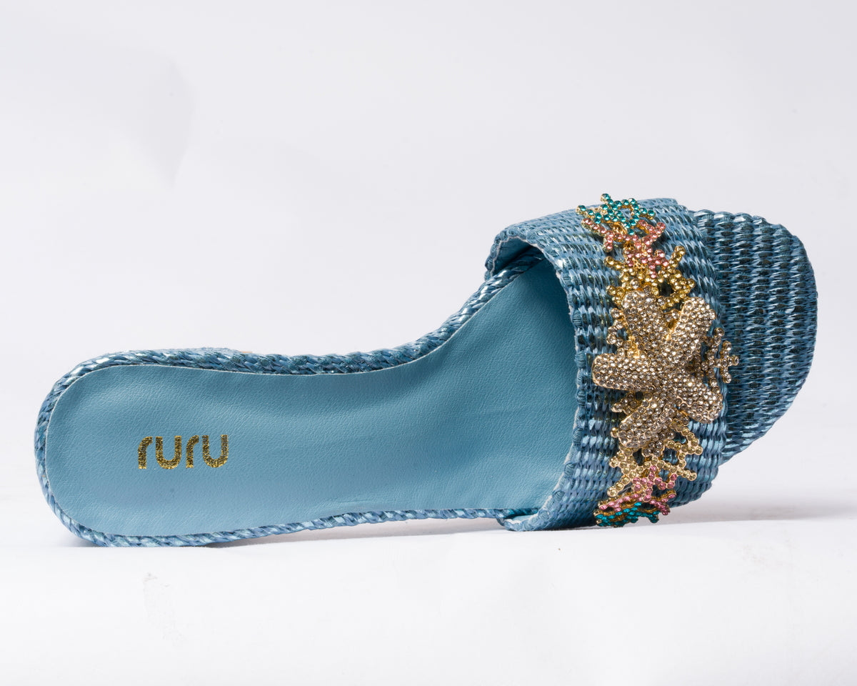 Sandalo a fascia con decoro gioiello - Azzurro