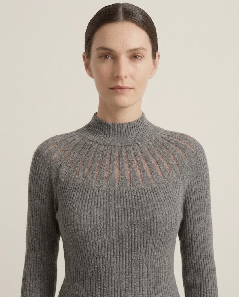 Maglia a Coste con Lavorazione Plissé sul Collo Zahjr - Grigio -