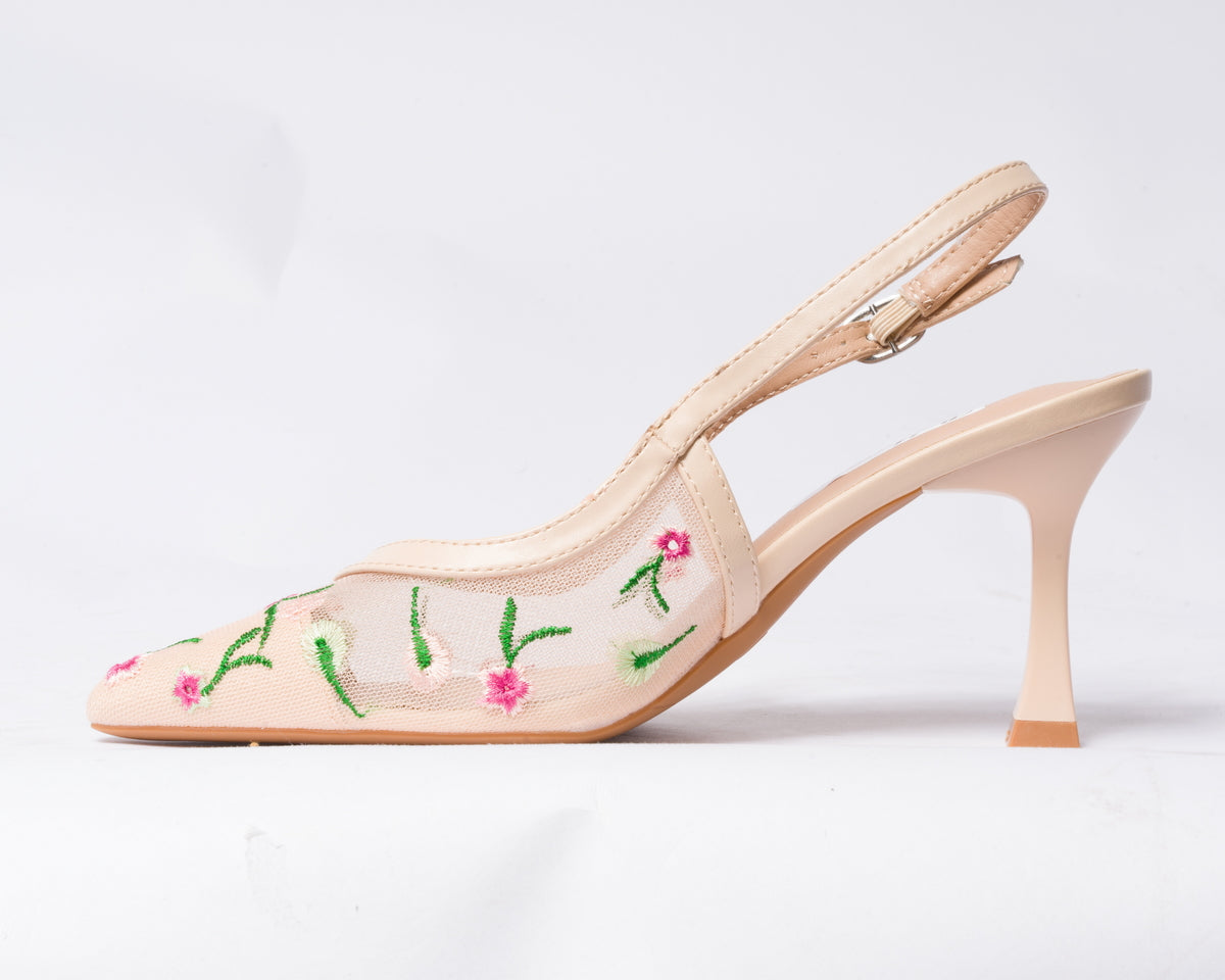 Decolettè Slingback velata con inserti floreali - Beige