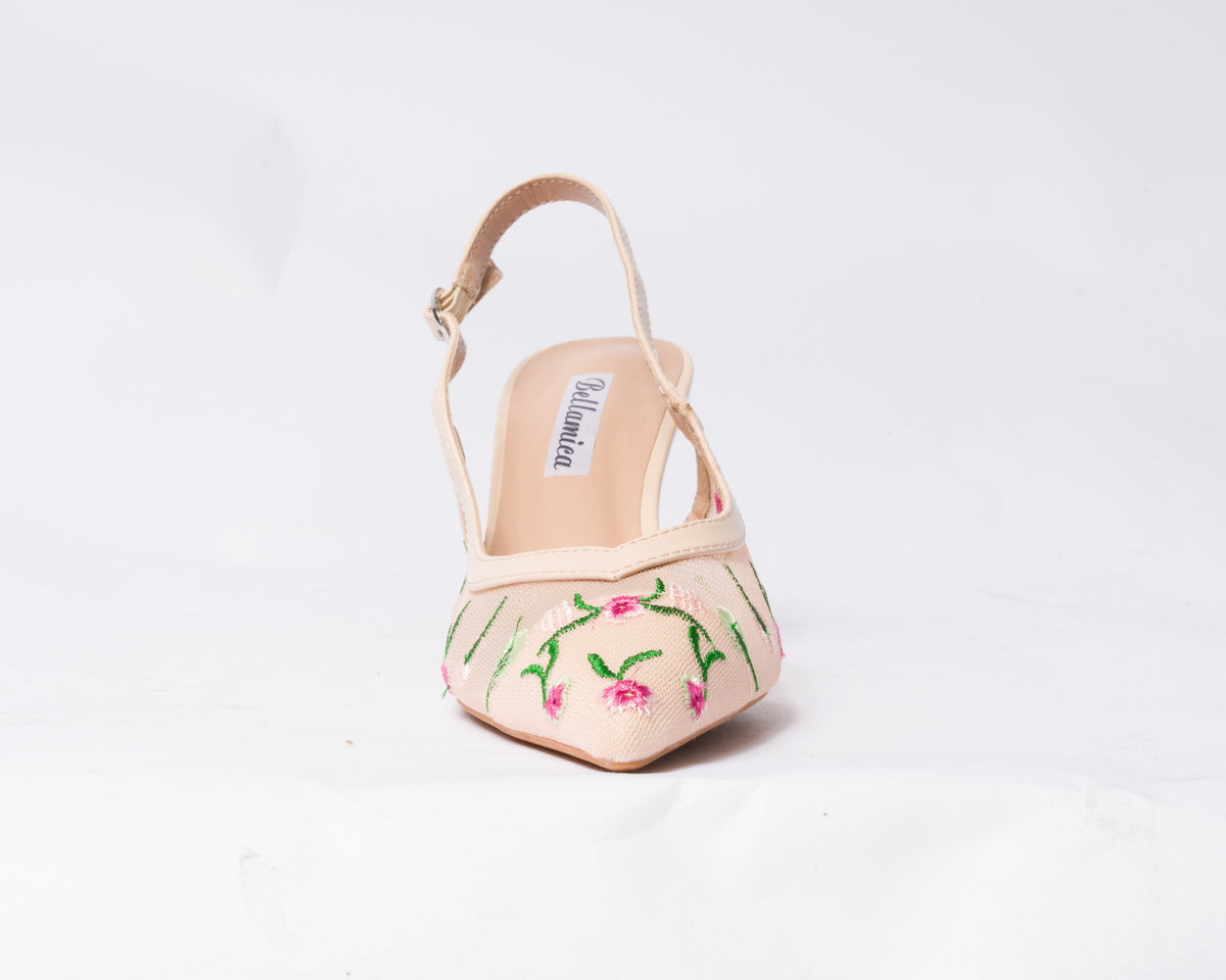 Decolettè Slingback velata con inserti floreali - Beige