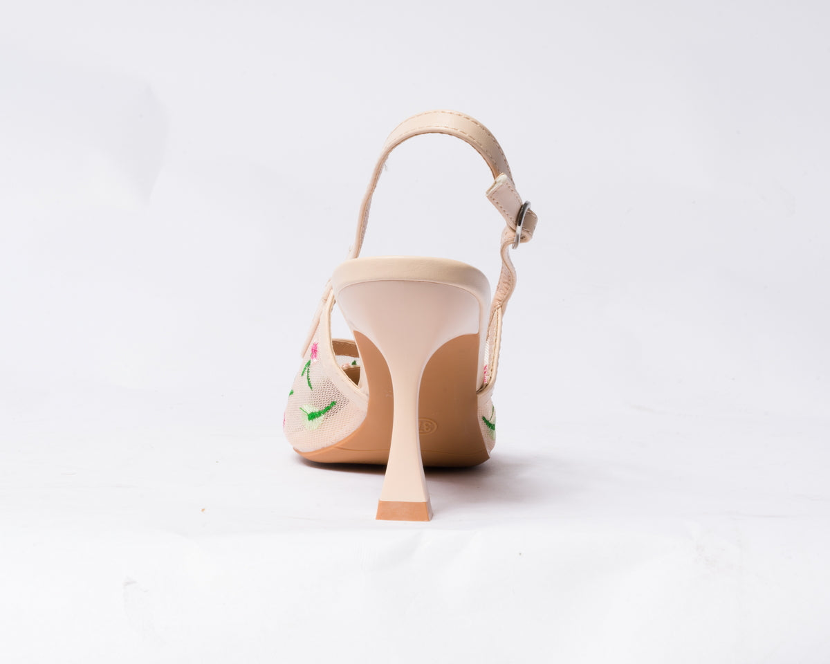 Decolettè Slingback velata con inserti floreali - Beige