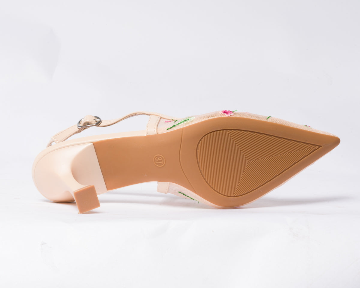 Decolettè Slingback velata con inserti floreali - Beige