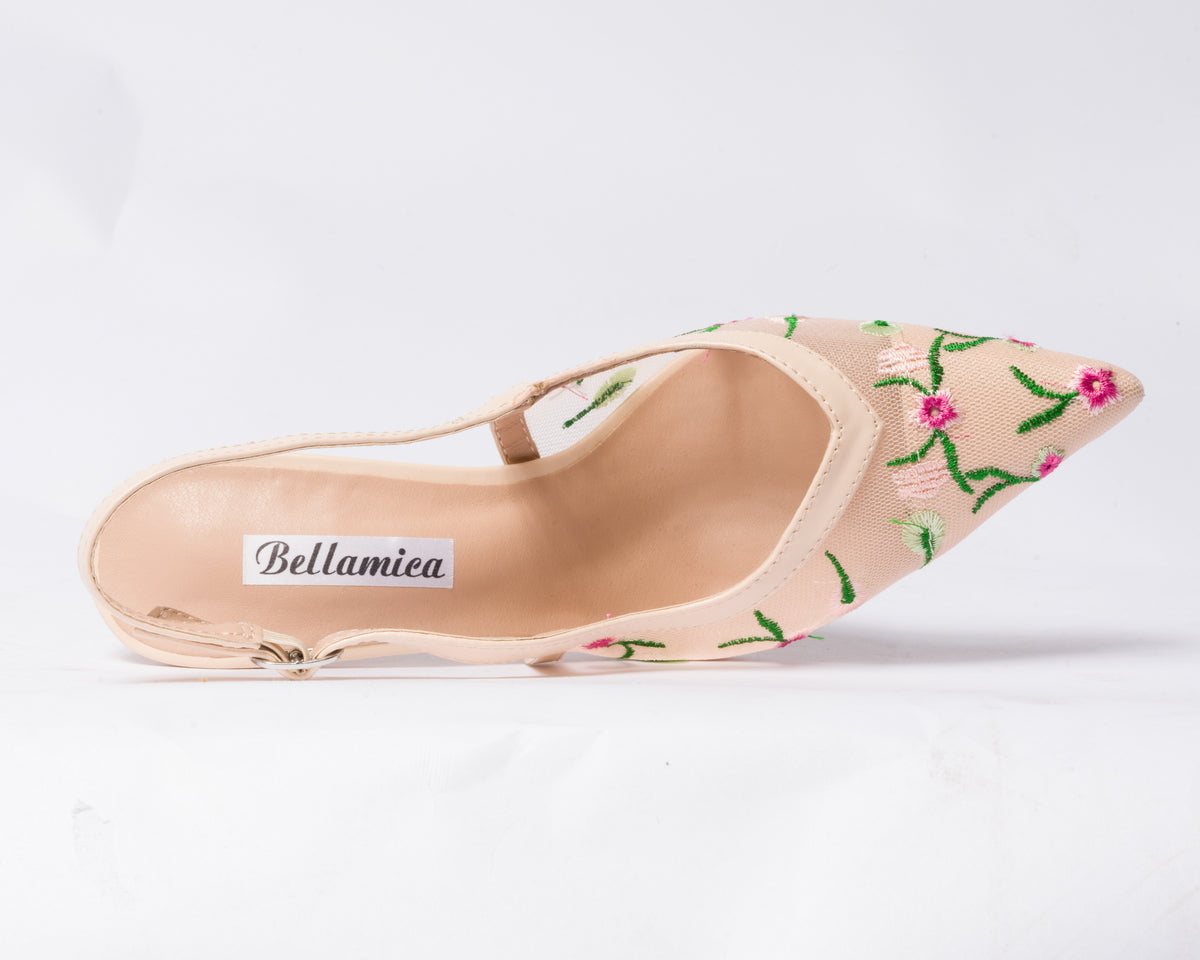 Decolettè Slingback velata con inserti floreali - Beige