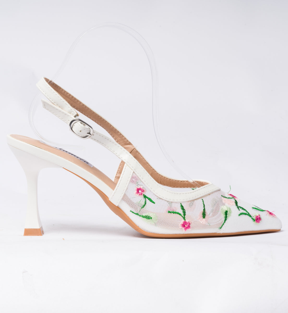 Decolettè Slingback velata con inserti floreali - Bianca