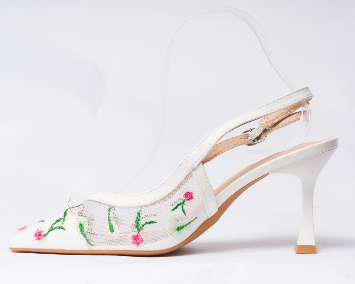 Decolettè Slingback velata con inserti floreali - Bianca