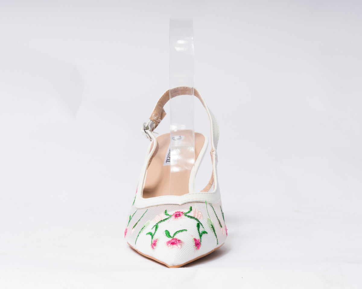 Decolettè Slingback velata con inserti floreali - Bianca