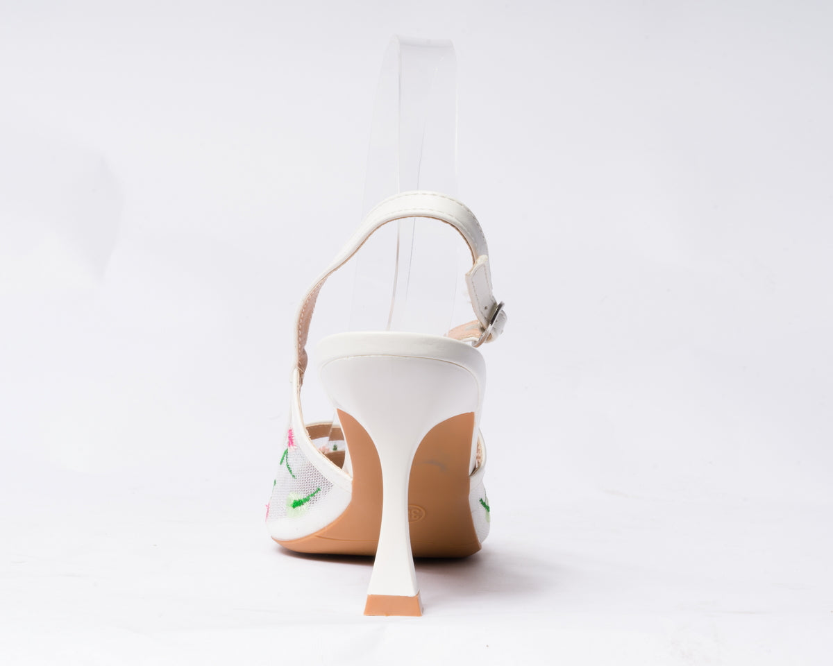 Decolettè Slingback velata con inserti floreali - Bianca