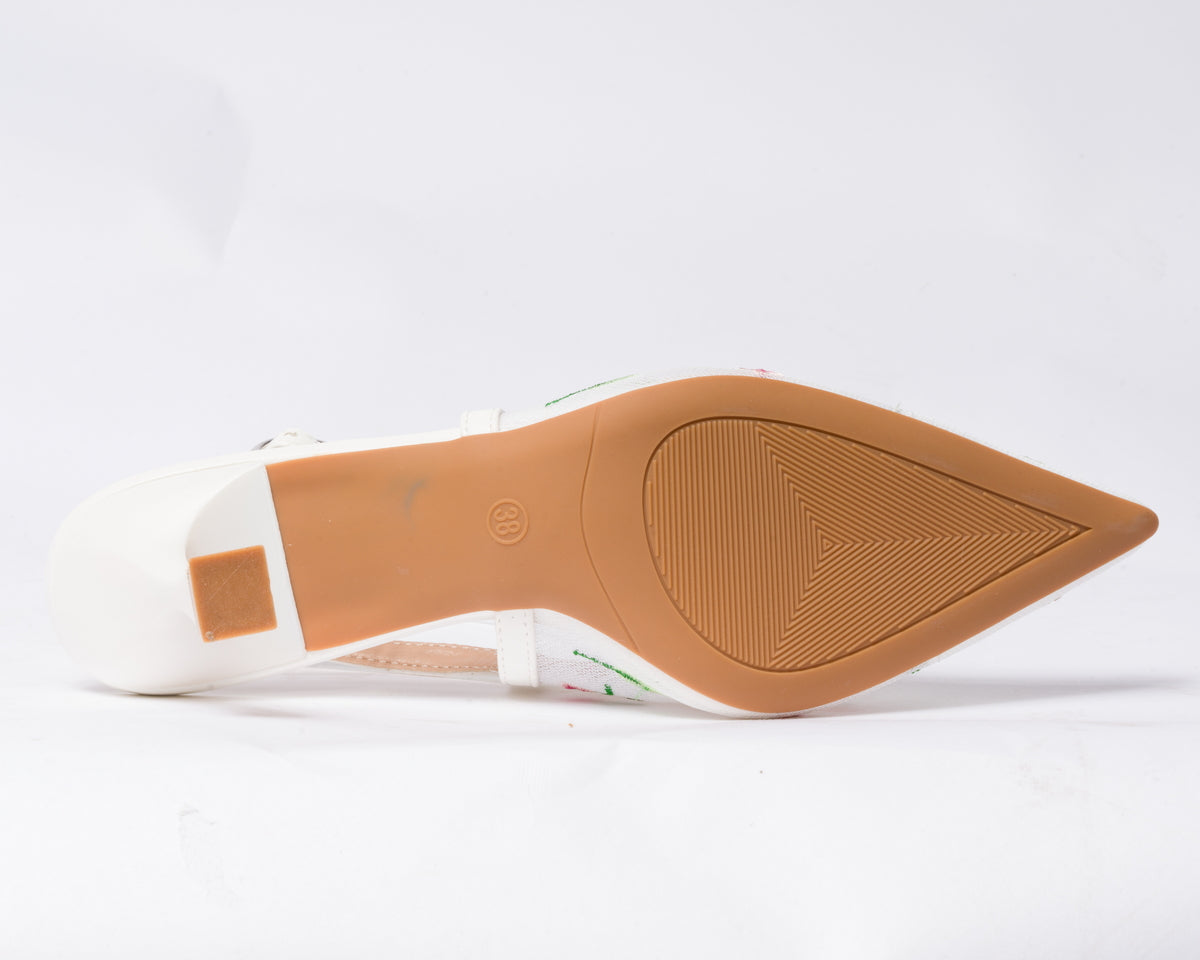 Decolettè Slingback velata con inserti floreali - Bianca